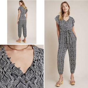 NWT Anthropologie Paisley Jumpsuit Tie Waist White Black Size 14